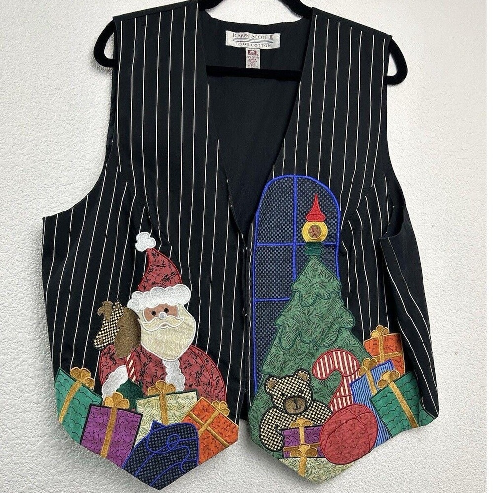Karen Scott II Santa Applique Vest 1X Black Pinstripe Christmas Kitschy Retro